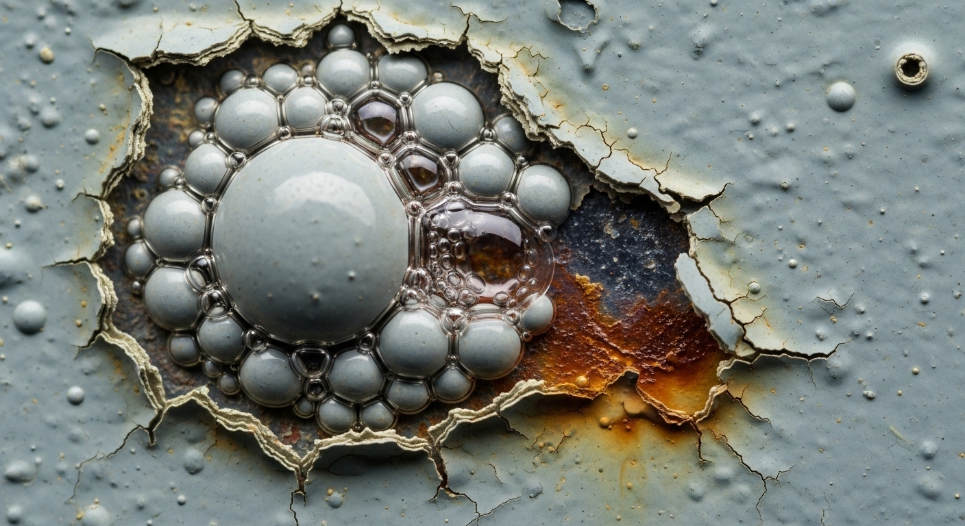 Macro shot of bubbling paint on a metal garage door surface.