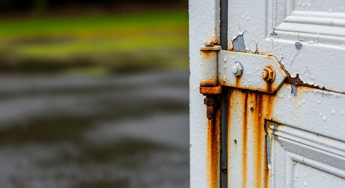 Close-up of rust and water damage bubbling the paint on a garage door.