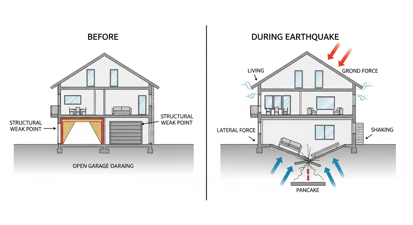 Diagram illustrating the collapse of a soft-story house during an earthquake