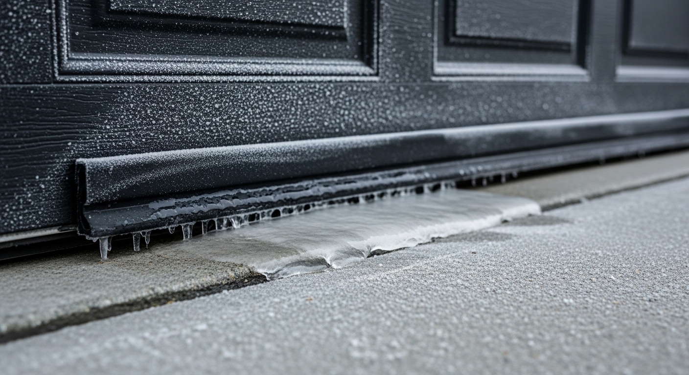 A residential garage door in Vancouver frozen to the concrete driveway by a thick layer of ice.