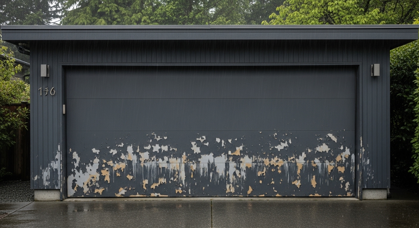 Garage door in Vancouver with paint peeling due to rain and moisture.