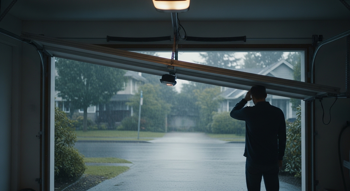 A garage door in Vancouver reversing in the rain, illustrating a common sensor issue.