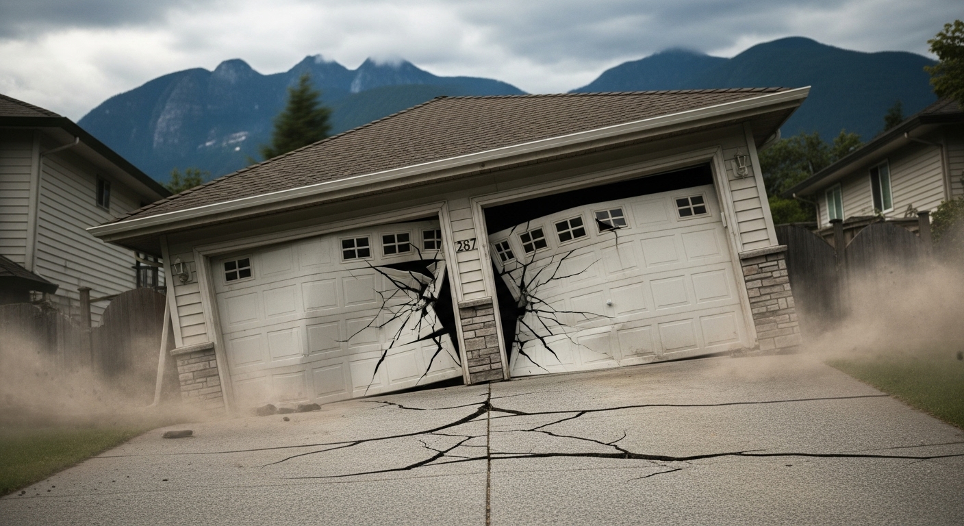 A Vancouver home with a garage door damaged and misaligned due to an earthquake