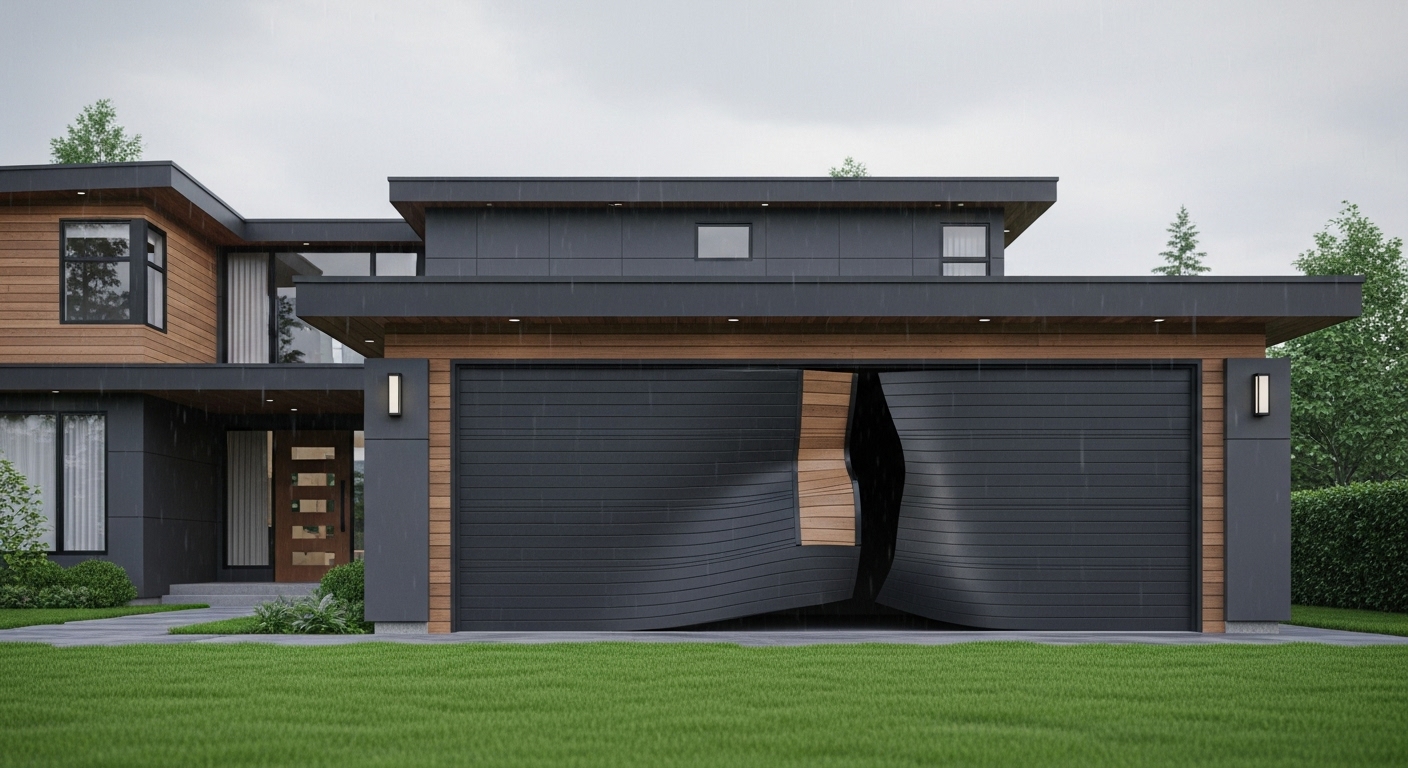 A white double garage door on a modern Vancouver home visibly sagging in the middle.