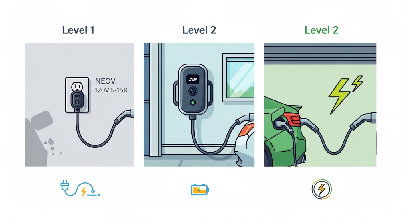 Comparison chart of Level 1, Level 2, and Level 3 DC Fast Charging for electric vehicles.