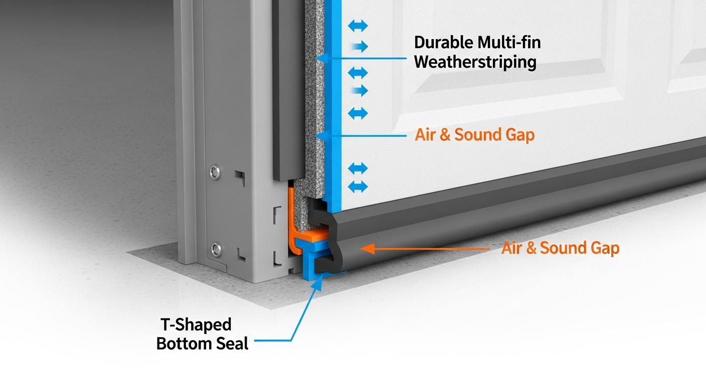 Close-up of acoustic sealing and weatherstripping on the perimeter of a garage door.
