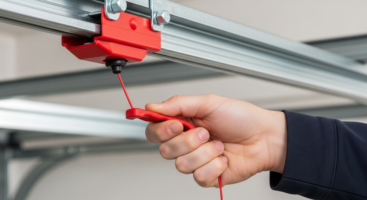 Hand pulling the red manual emergency release cord on a garage door opener