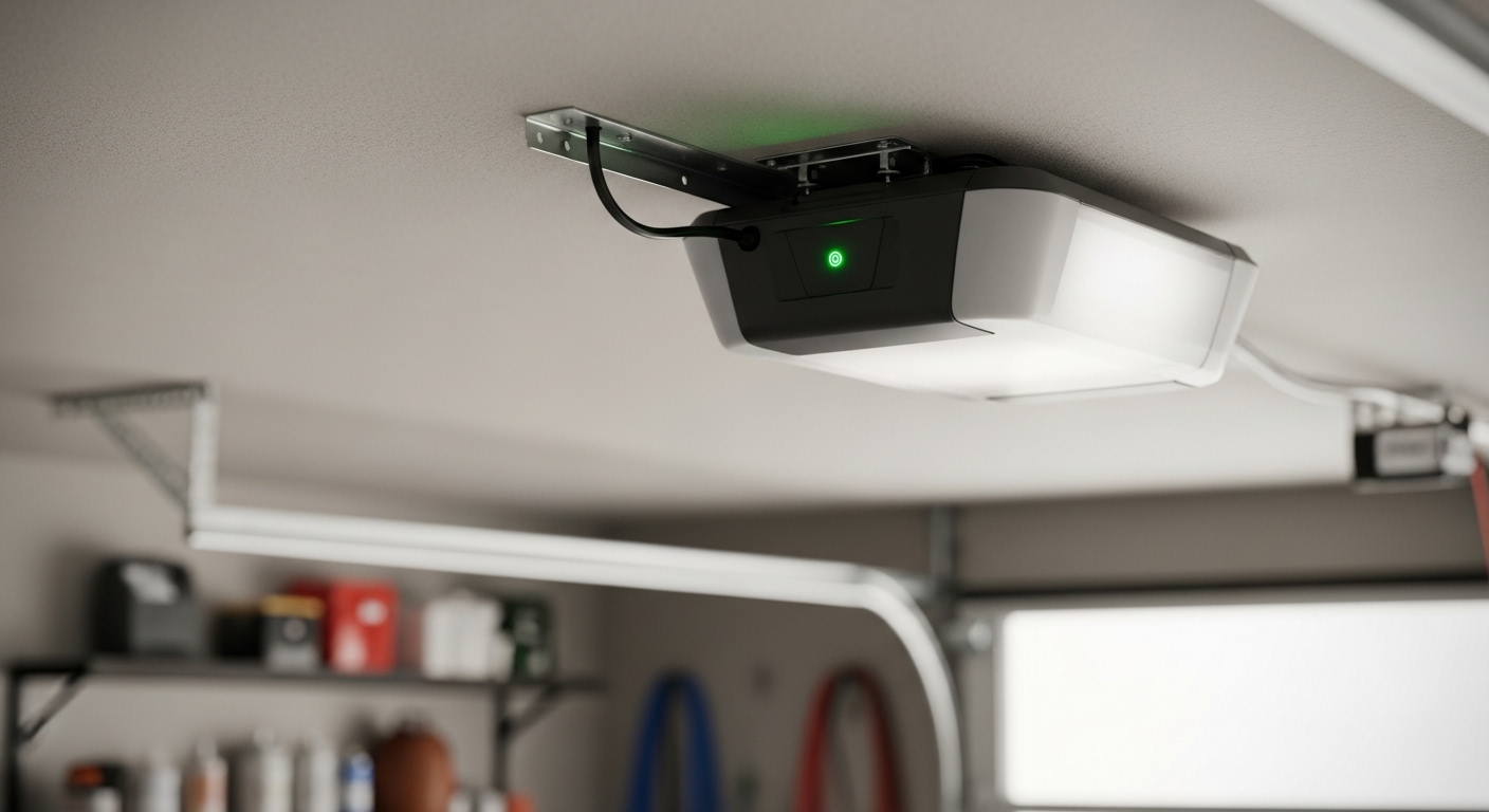 Close-up of a garage door opener with a battery backup system installed