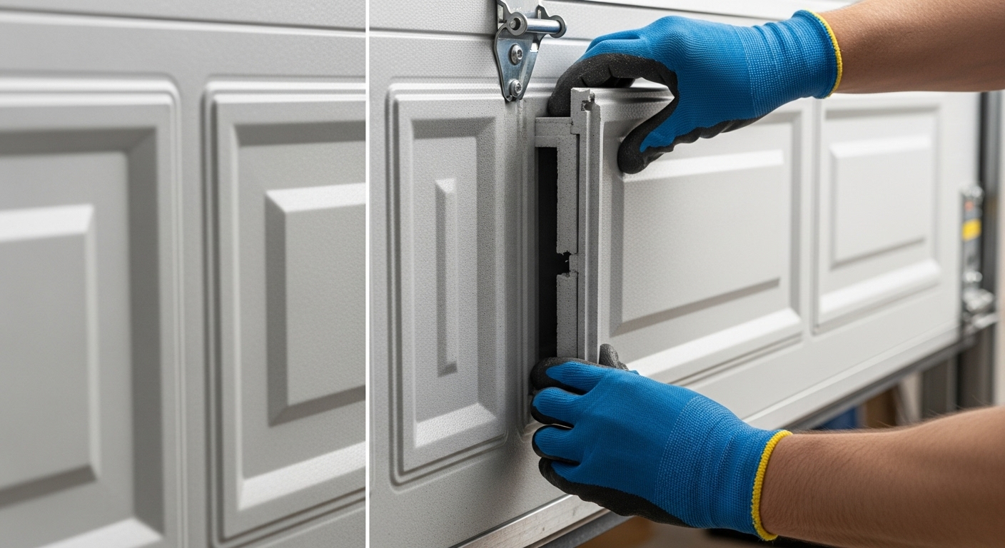 A professional installing soundproofing insulation panels onto a garage door.