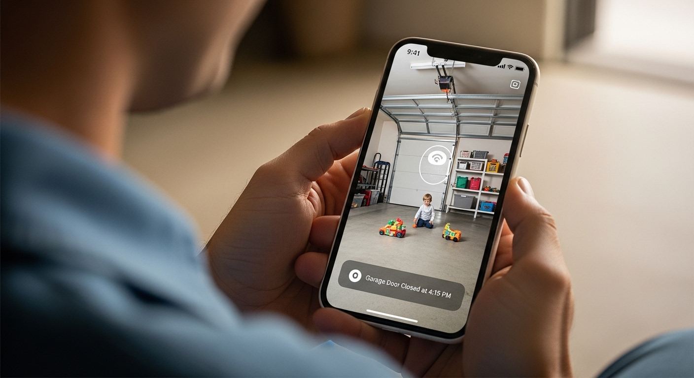 A parent monitoring their garage door's status and video feed on a smartphone.