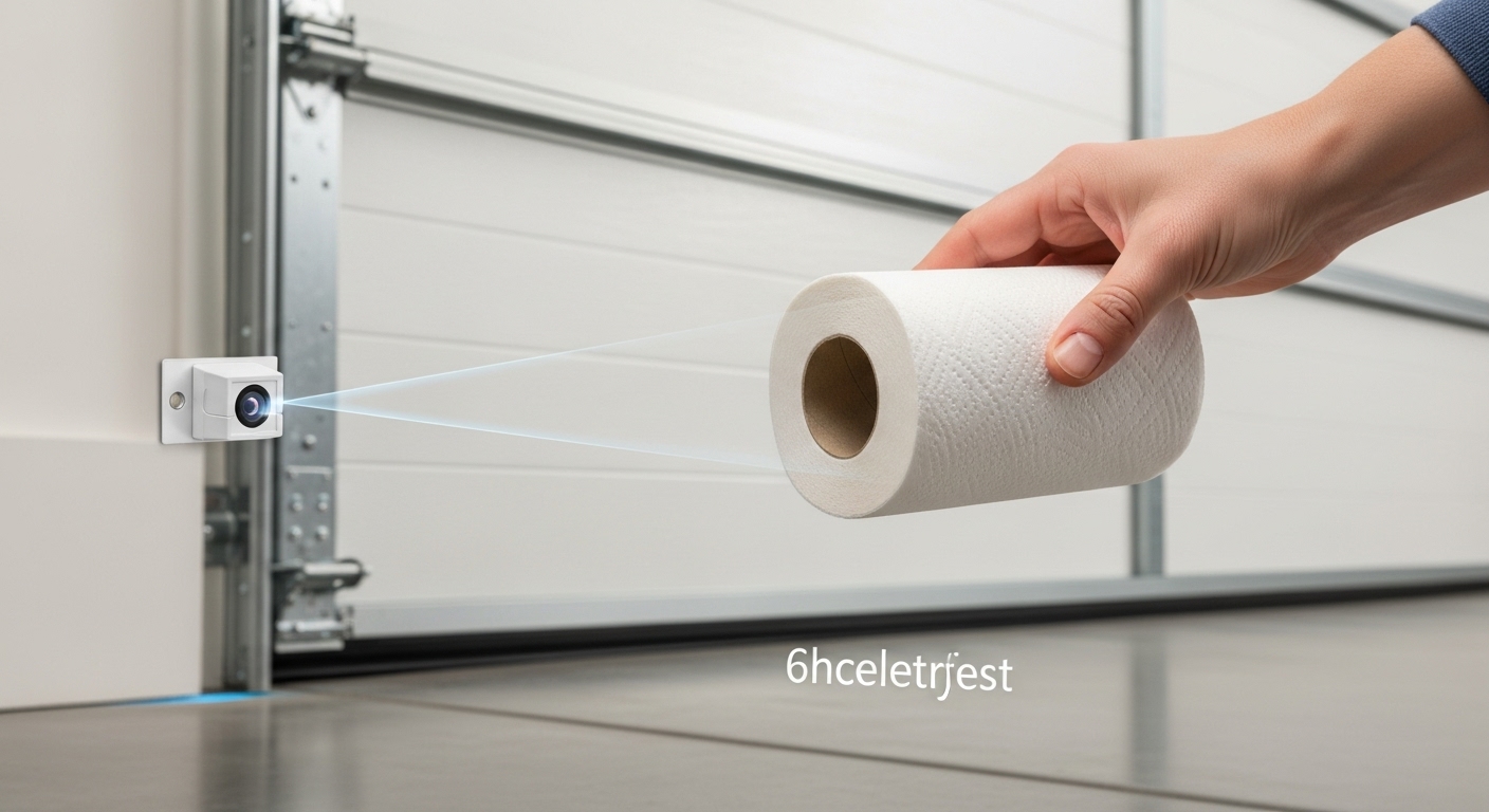A parent testing the garage door's photoelectric safety sensor with a roll of paper towels.