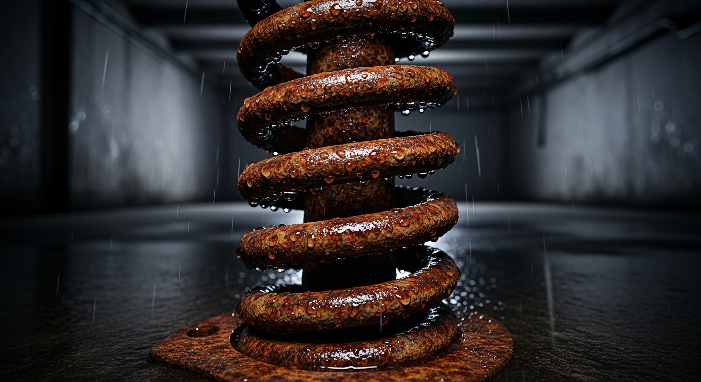 A close-up of a rusted garage door torsion spring, showing the effects of Vancouver's wet climate.