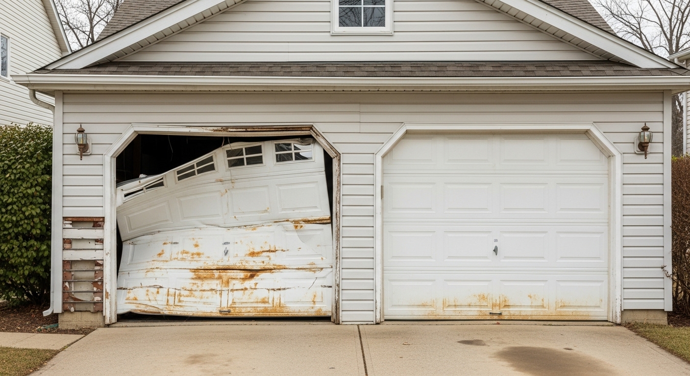 A sagging and damaged white garage door that clearly needs replacement.
