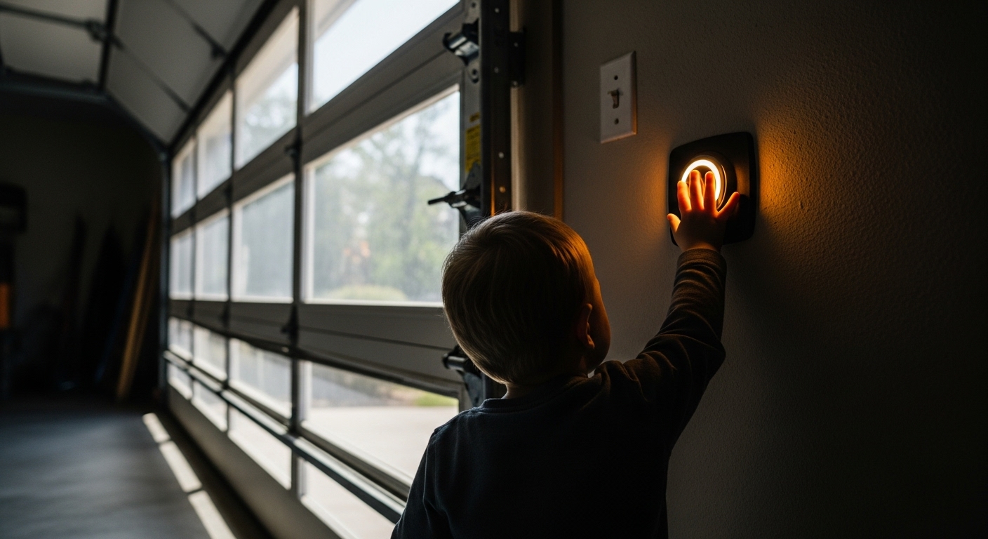 A curious toddler reaching for the garage door opener button on the wall, highlighting a common danger.
