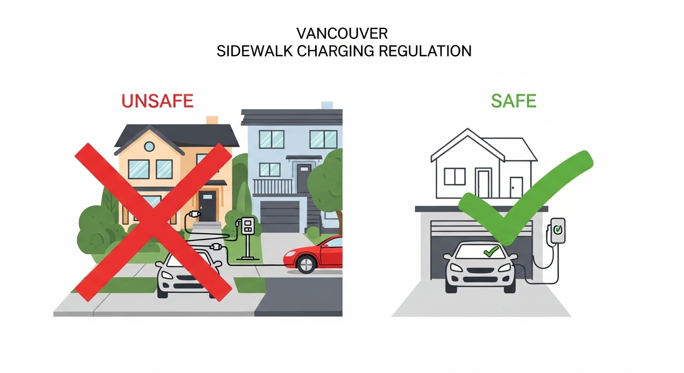 Diagram showing Vancouver's regulation against EV charging cables crossing a public sidewalk.