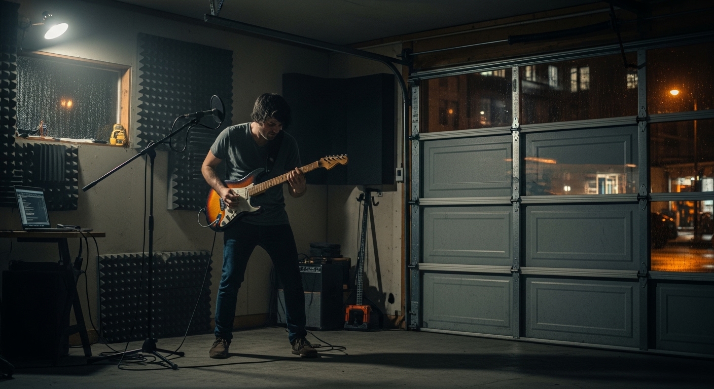 A home recording studio set up inside a well-soundproofed garage.