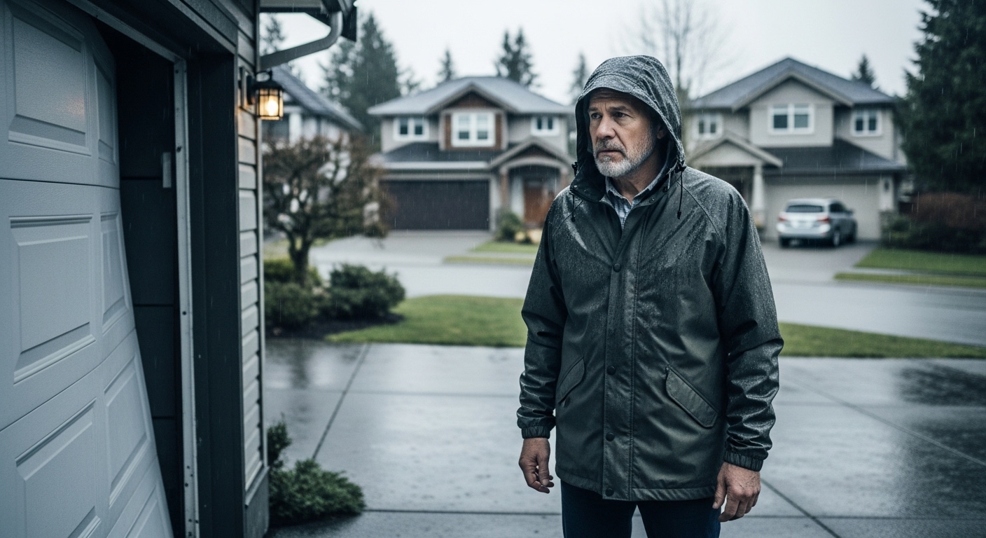 A Vancouver homeowner looks at their malfunctioning garage door with a concerned expression.