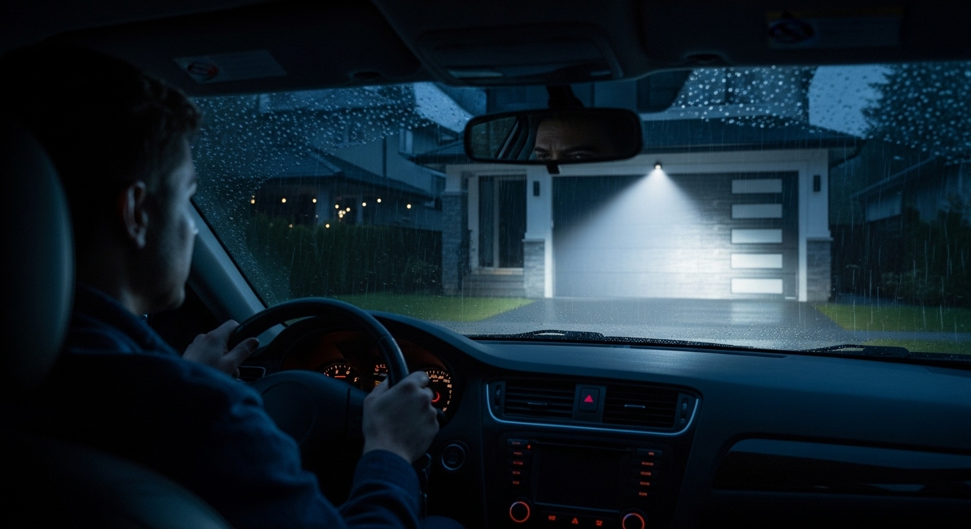 A homeowner looking frustrated at a closed garage door during a power outage in Vancouver