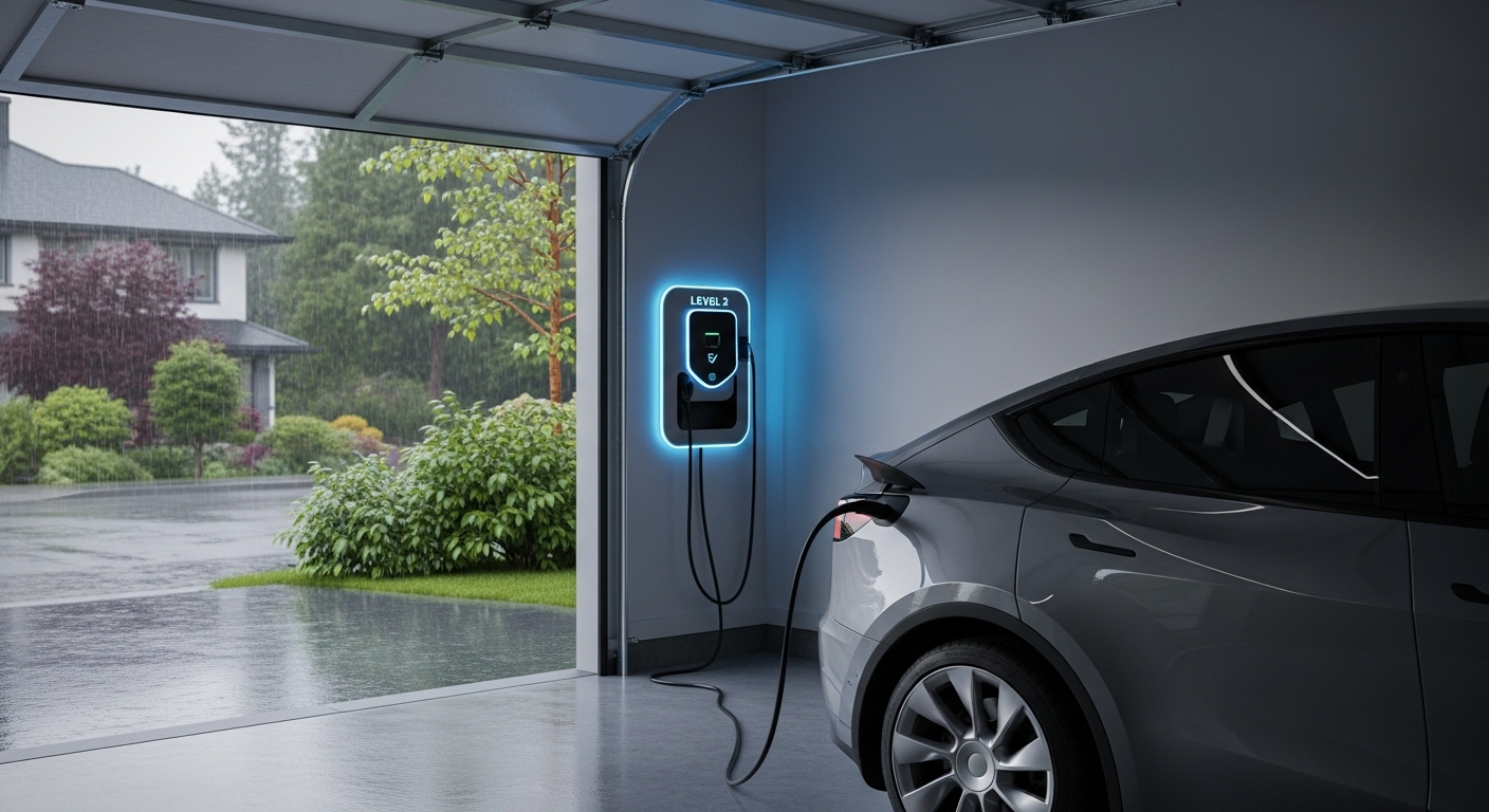 Smart garage setup in Vancouver with an electric vehicle plugged into a wall-mounted charging station.