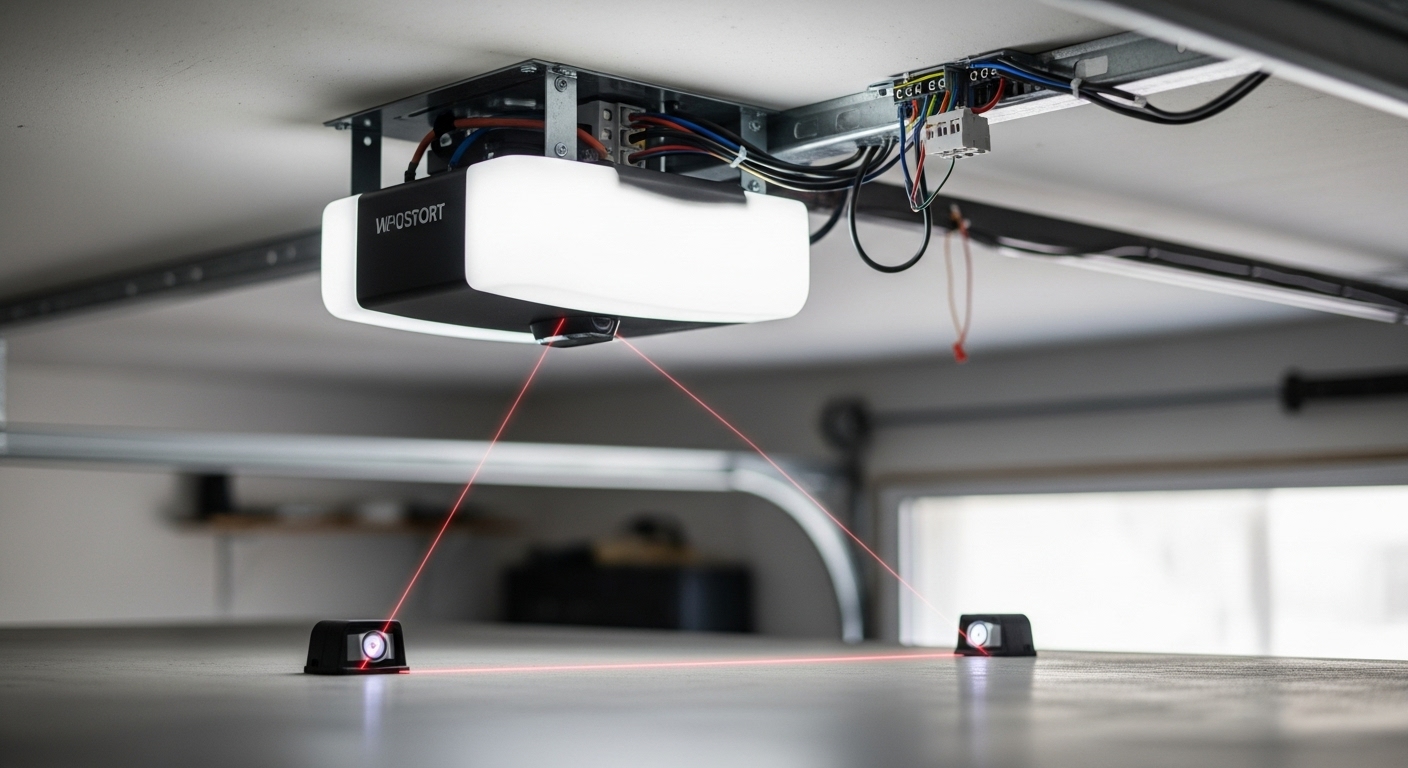 A garage door opener motor, highlighting electrical permit and safety rules.